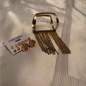 Gold Fringe Cuff Bracelet with Gold Earring Set